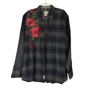 Furst Of A Kind Plaid Button Down Shirt Jacket Floral Patch Satin Sleeves S/M